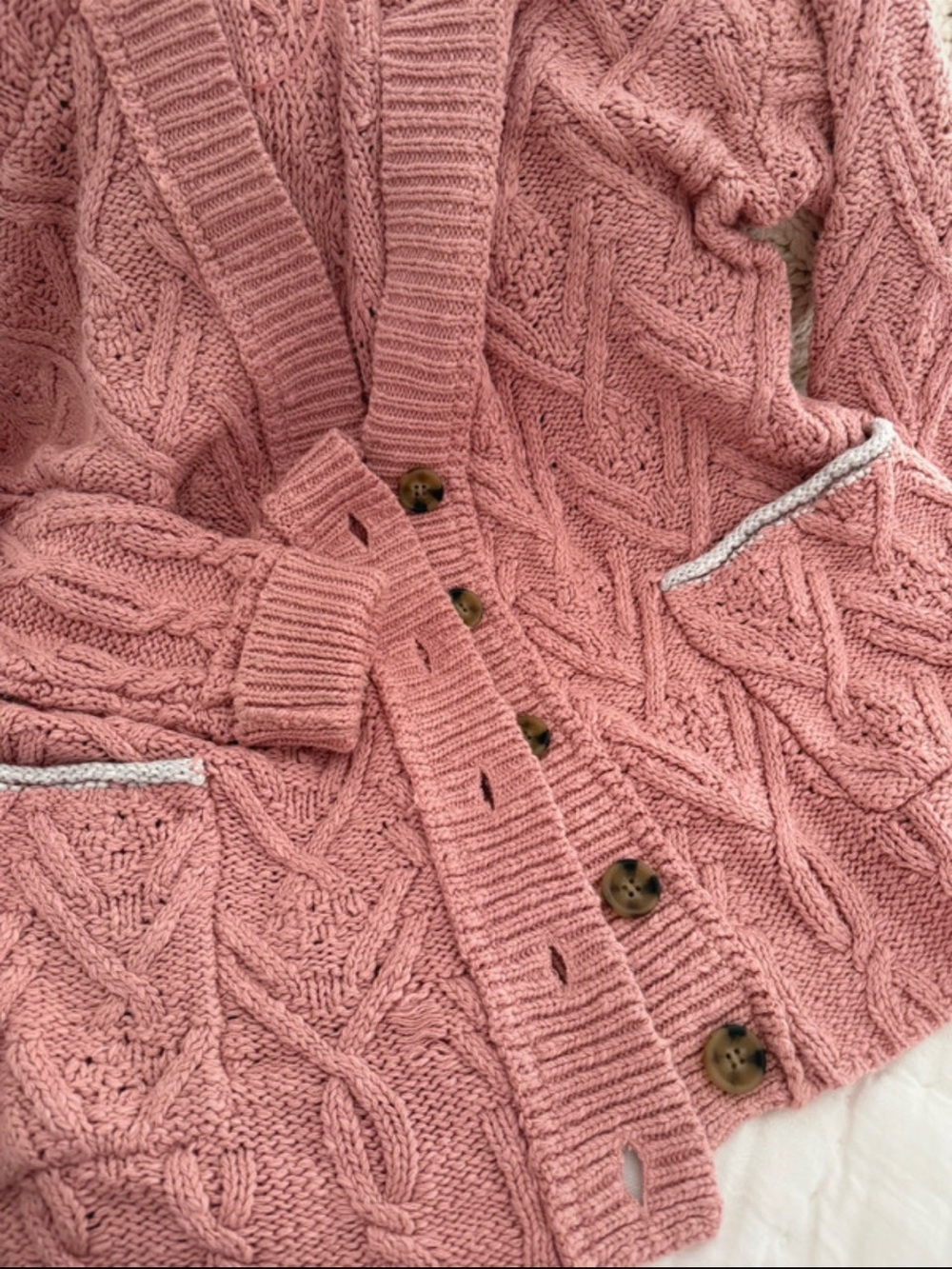 Free People Montana Dusty Rose Cable Knit Button Cardigan with Contrast Trim